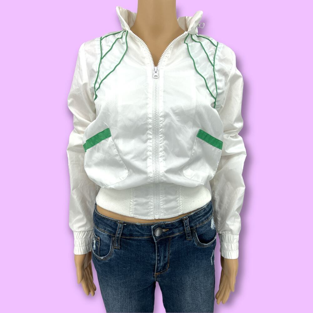 Wet Seal SMALL Y2K VINTAGE Womens White Green Fitted Hoodie Windbreaker Jacket